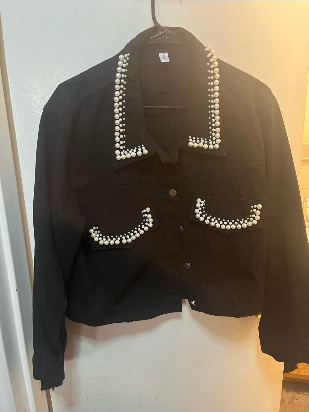Black Pearl-Trim Cropped Jean Jacket - Women